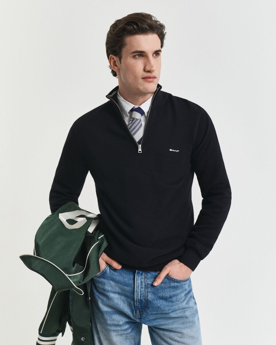 baumwoll-piqué-pullover mit halbem reißverschluss – schwarz