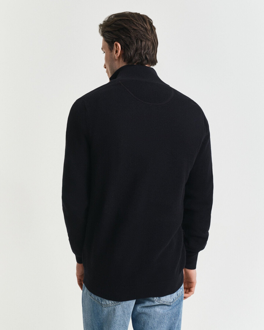 baumwoll-piqué-pullover mit halbem reißverschluss – schwarz