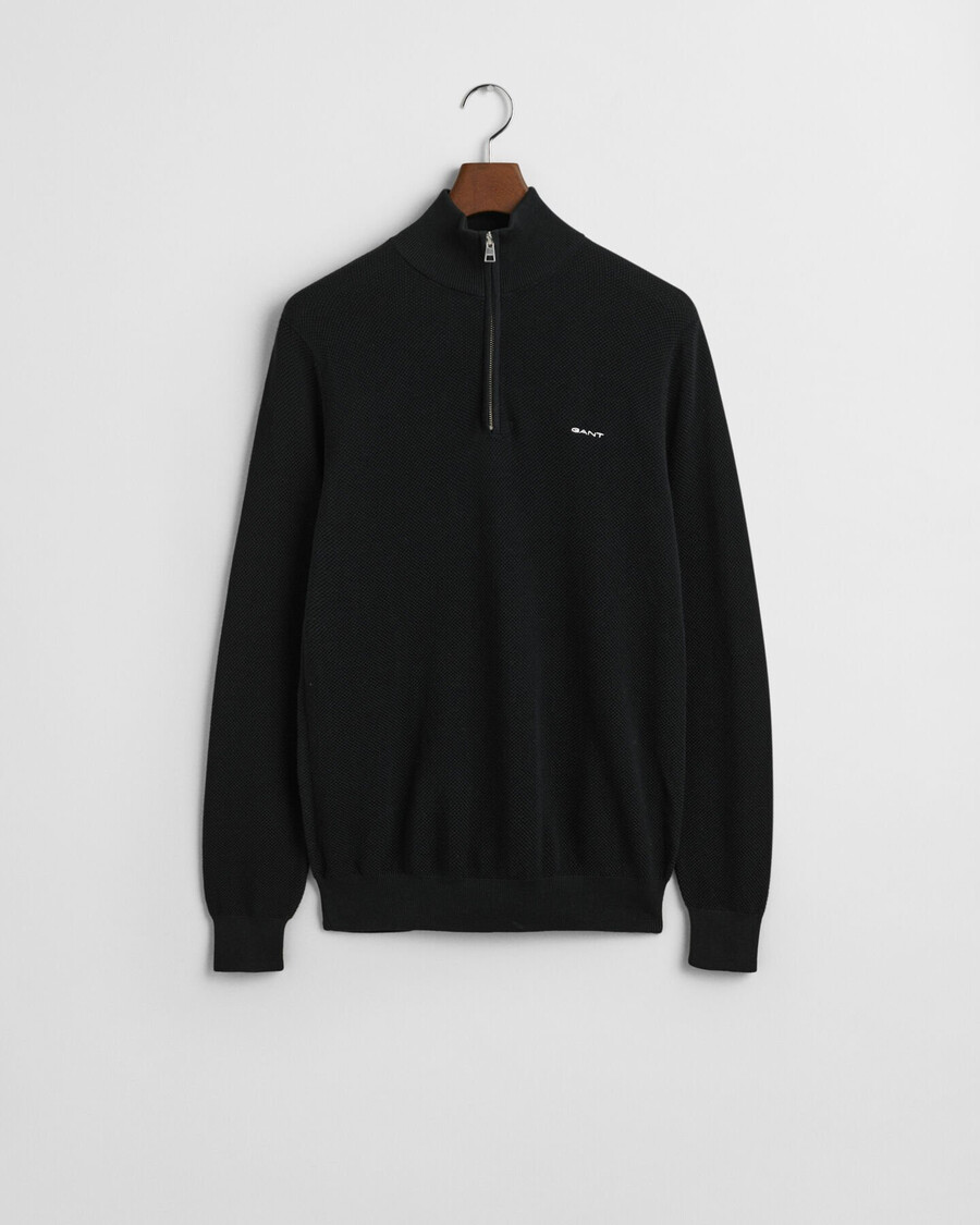 baumwoll-piqué-pullover mit halbem reißverschluss – schwarz