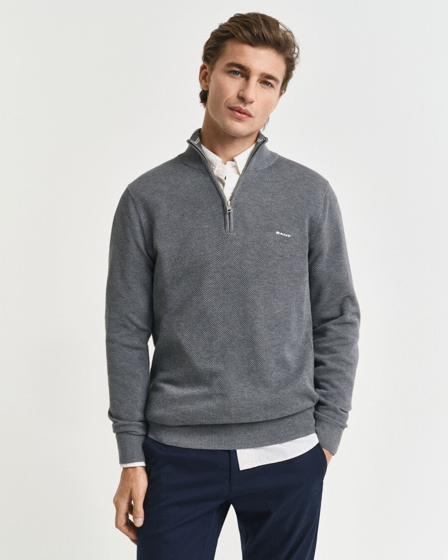 halbzip-pullover aus baumwollpiqué – dunkelgrau meliert