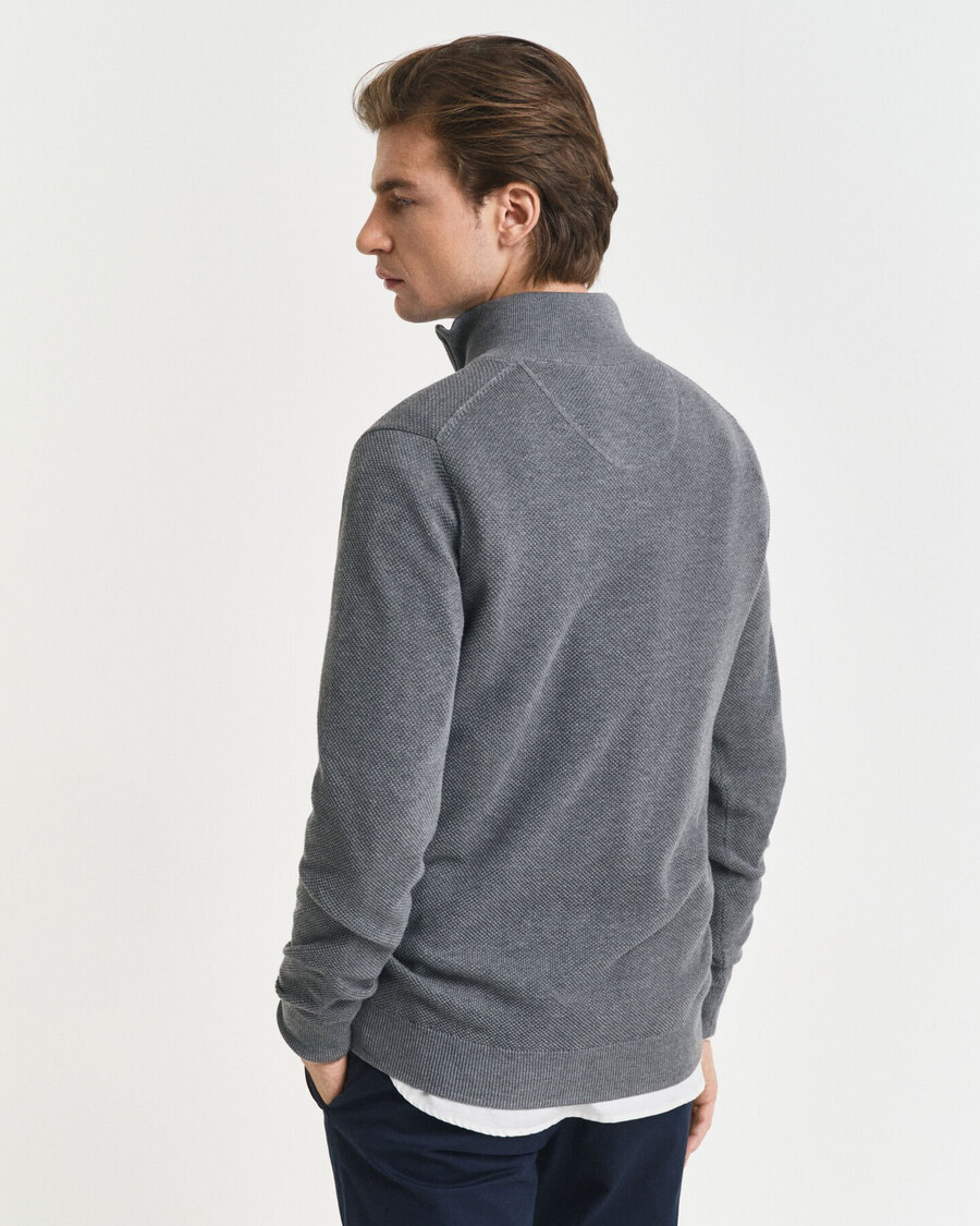 halbzip-pullover aus baumwollpiqué – dunkelgrau meliert
