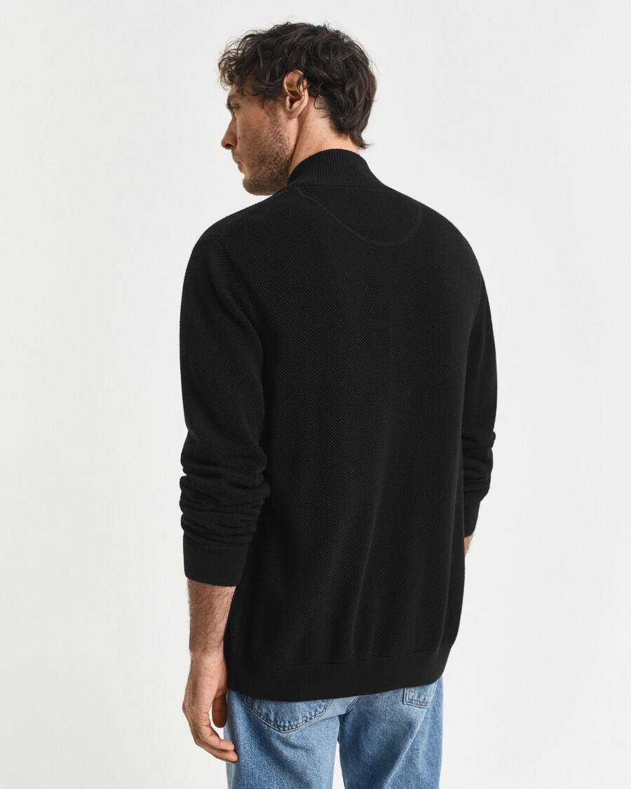 baumwoll-piqué-strickjacke mit reißverschluss – schwarz