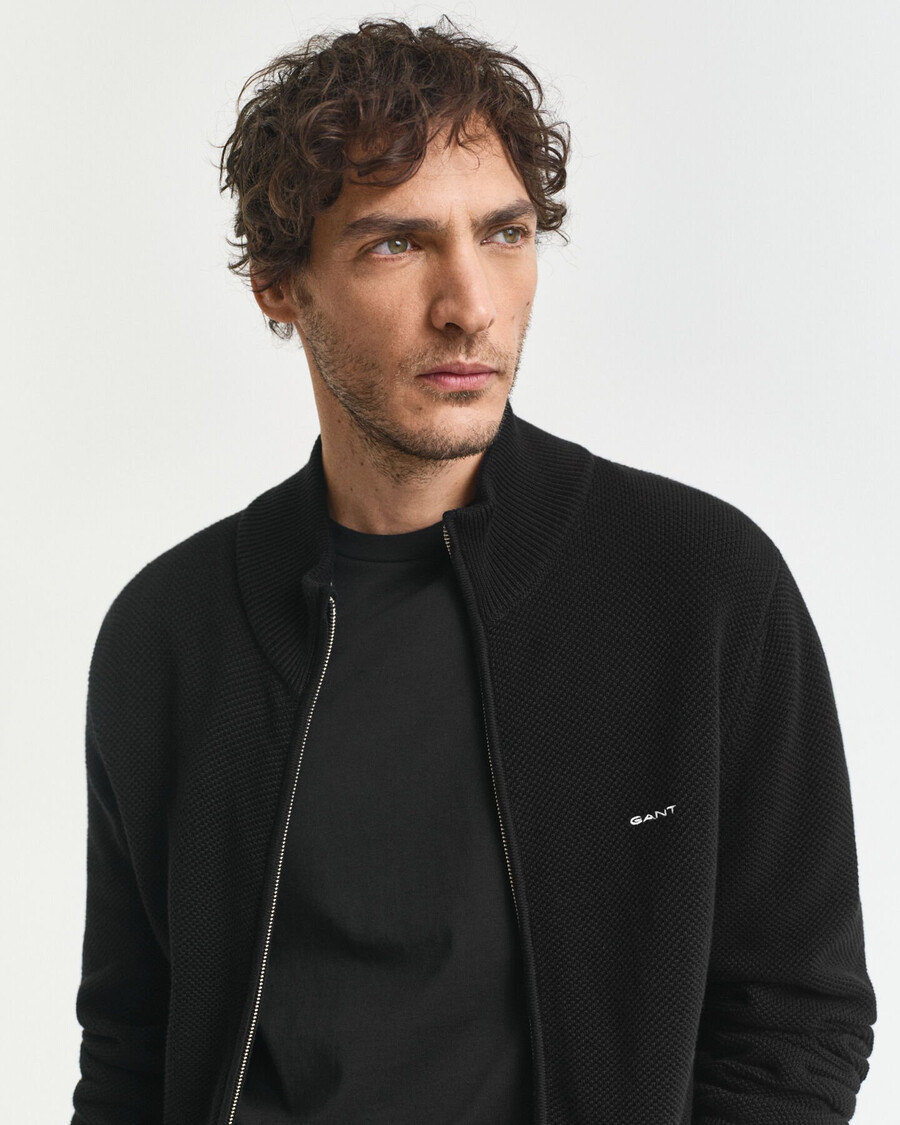baumwoll-piqué-strickjacke mit reißverschluss – schwarz