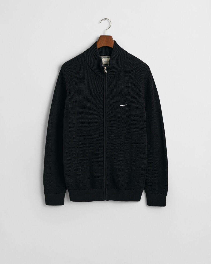 baumwoll-piqué-strickjacke mit reißverschluss – schwarz