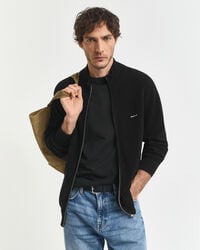 baumwoll-piqué-strickjacke mit reißverschluss – schwarz