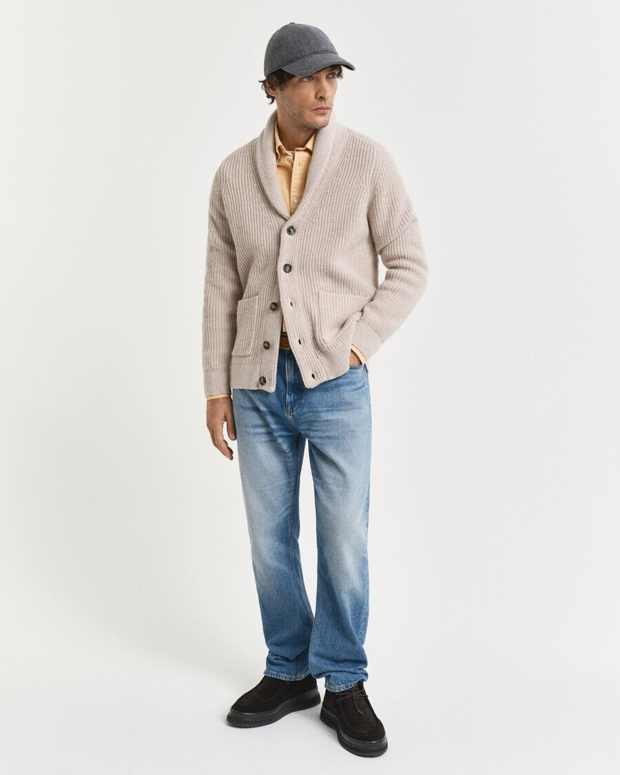 strickjacke mit schalkragen aus wollmischung – hellbeige melange