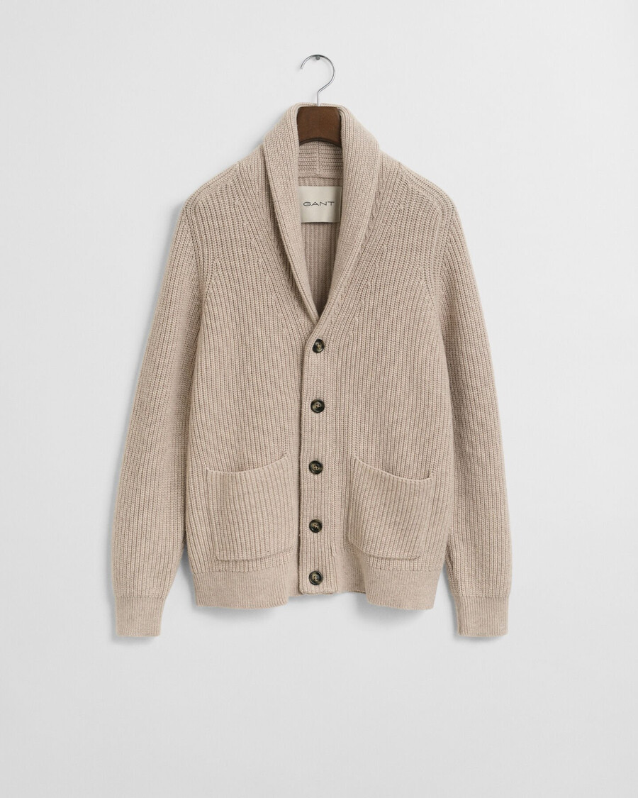 strickjacke mit schalkragen aus wollmischung – hellbeige melange