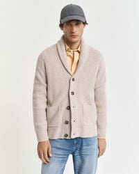strickjacke mit schalkragen aus wollmischung – hellbeige melange