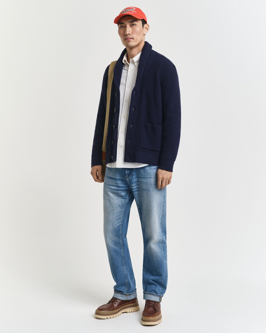 strickjacke mit schalkragen aus wollmischung – abendblau