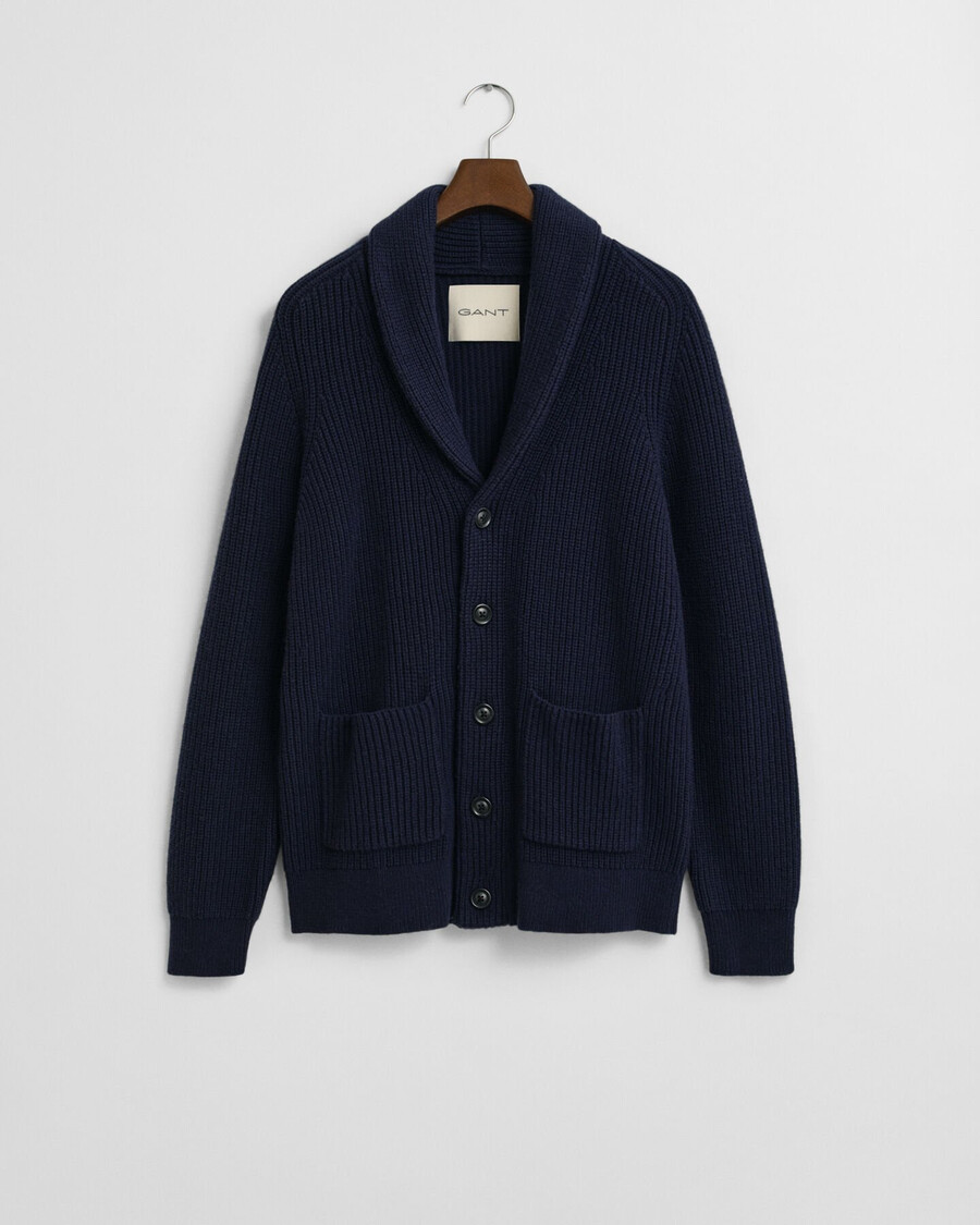 strickjacke mit schalkragen aus wollmischung – abendblau