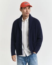 strickjacke mit schalkragen aus wollmischung – abendblau