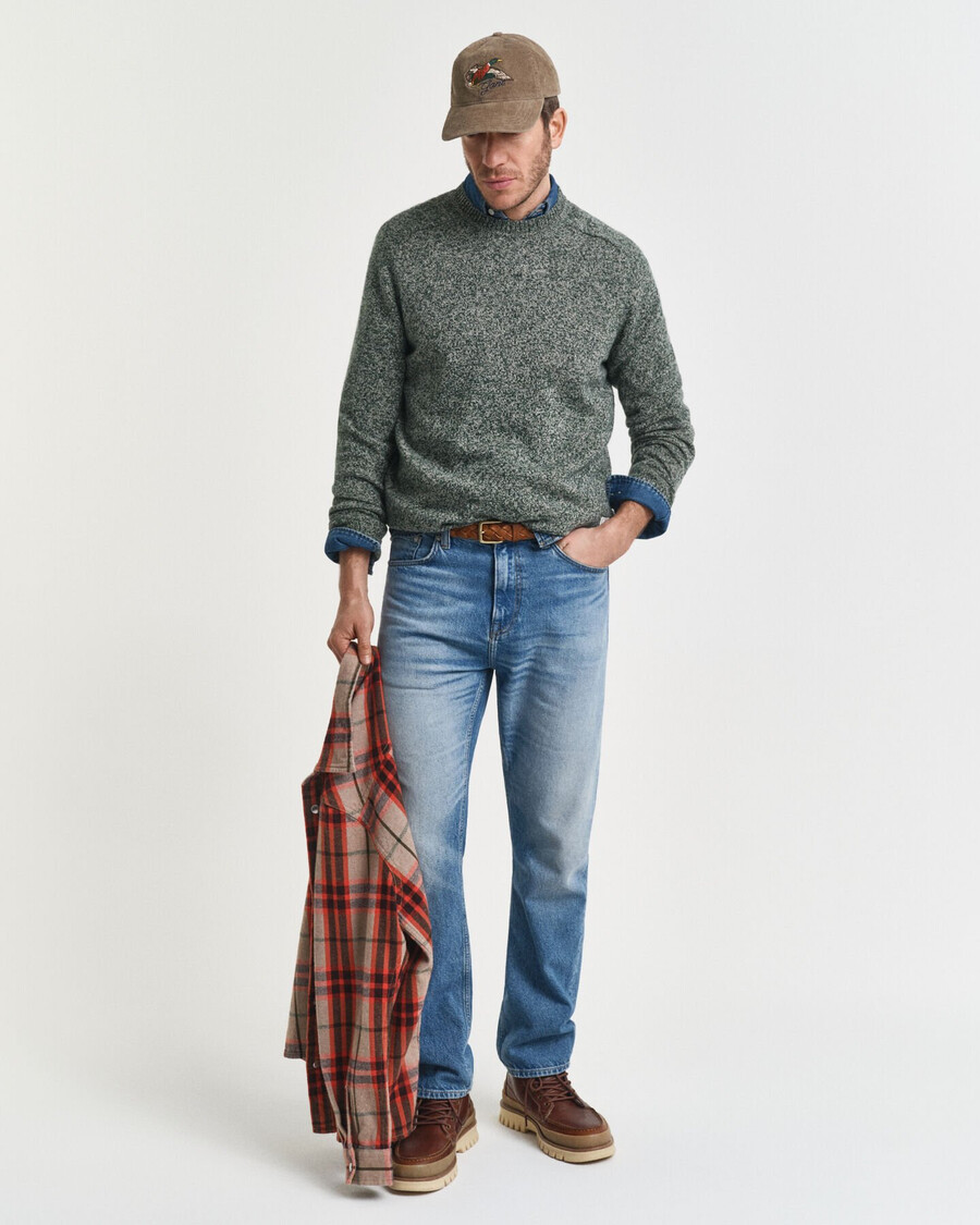 mouliné-pullover mit rundhalsausschnitt aus wollmischung – tartangrün
