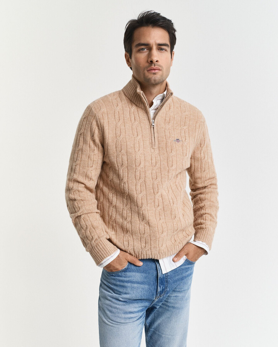 halbzip-pullover aus lammwolle mit zopfmuster – khaki-melange
