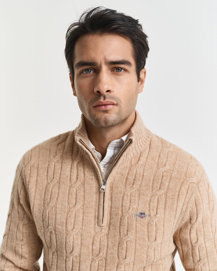 halbzip-pullover aus lammwolle mit zopfmuster – khaki-melange