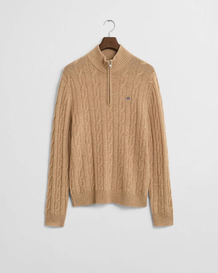 halbzip-pullover aus lammwolle mit zopfmuster – khaki-melange