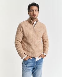 halbzip-pullover aus lammwolle mit zopfmuster – khaki-melange