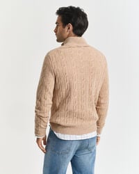 halbzip-pullover aus lammwolle mit zopfmuster – khaki-melange