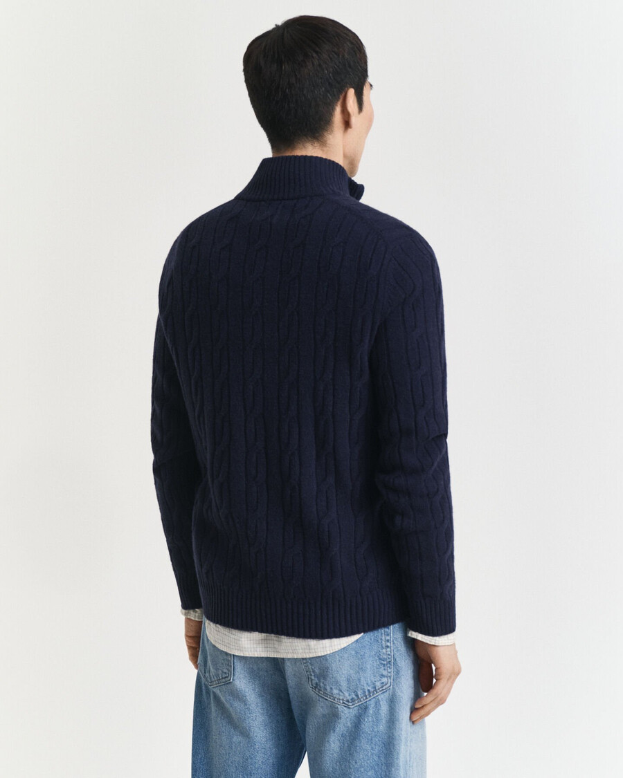 halbzip-pullover aus lammwolle mit zopfmuster – abendblau