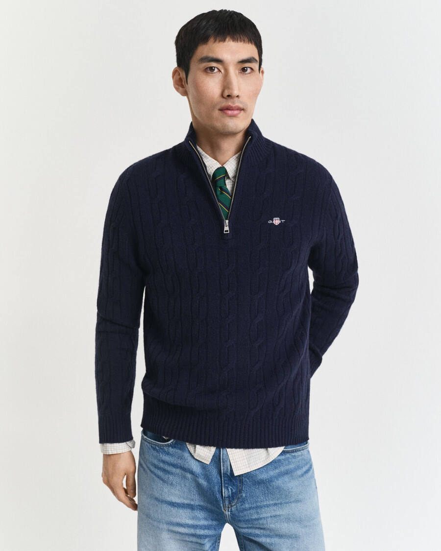 halbzip-pullover aus lammwolle mit zopfmuster – abendblau