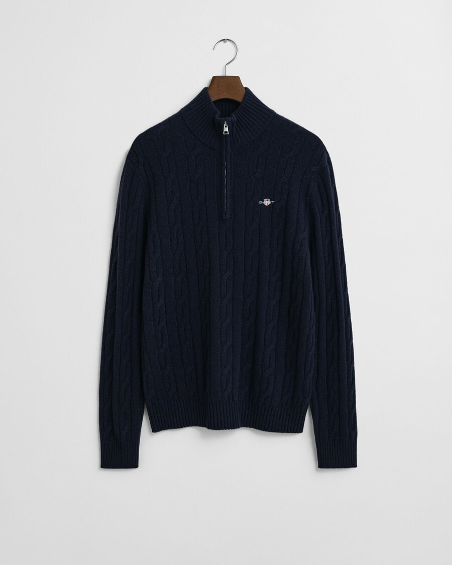 halbzip-pullover aus lammwolle mit zopfmuster – abendblau