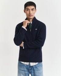 halbzip-pullover aus lammwolle mit zopfmuster – abendblau