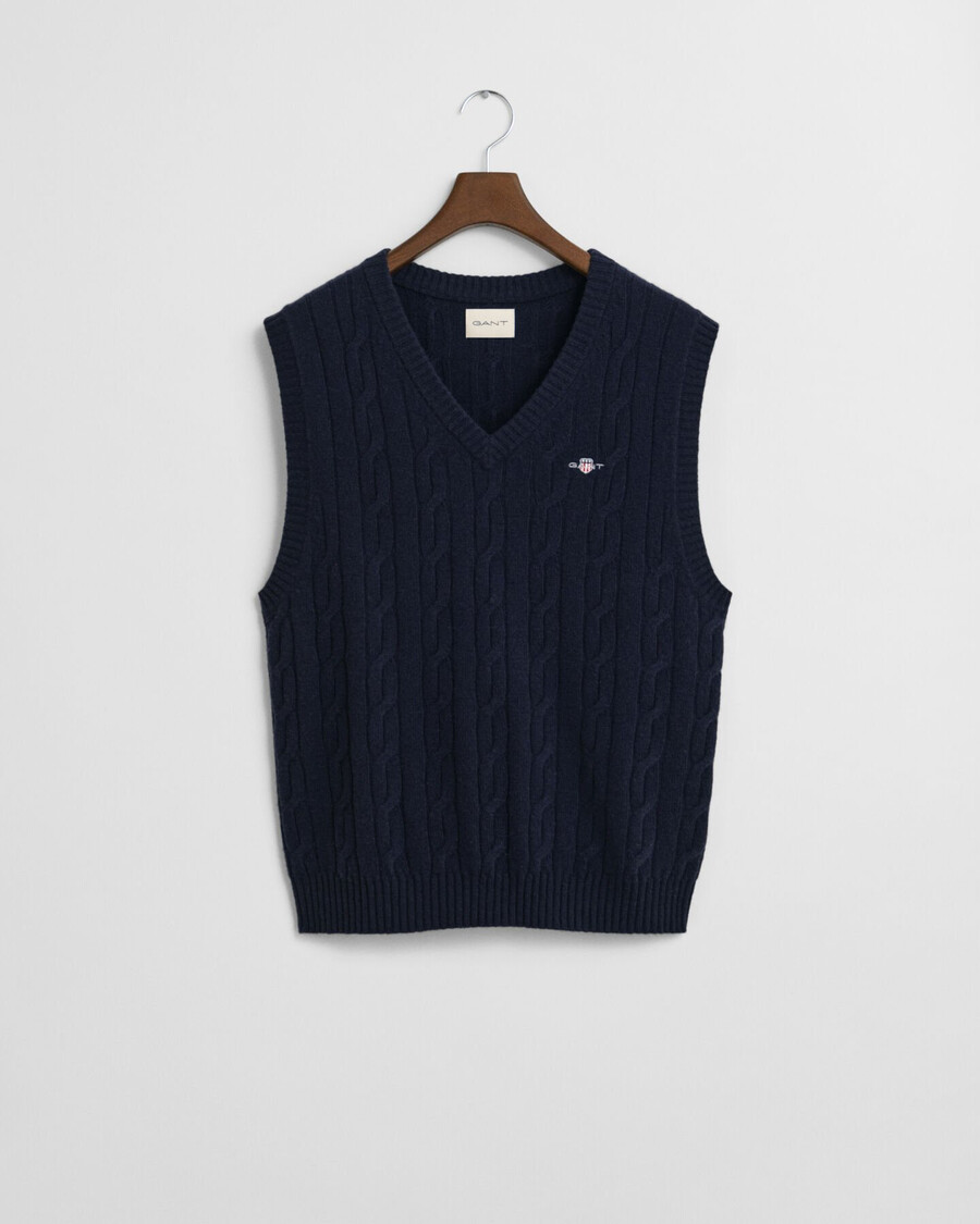 strickweste aus lammwolle mit zopfmuster – abendblau