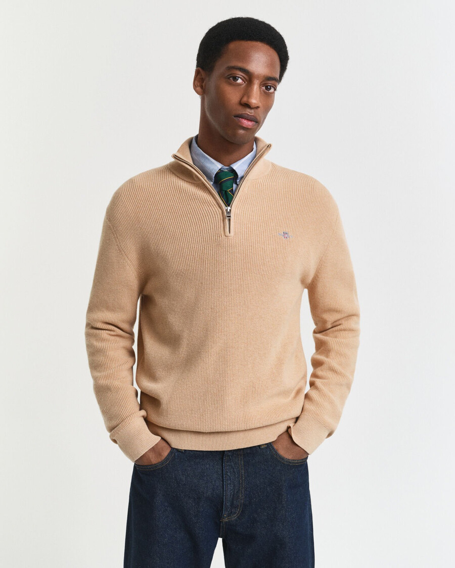 gerippter pullover mit halbem reißverschluss aus baumwoll-merinowolle – khaki-melange