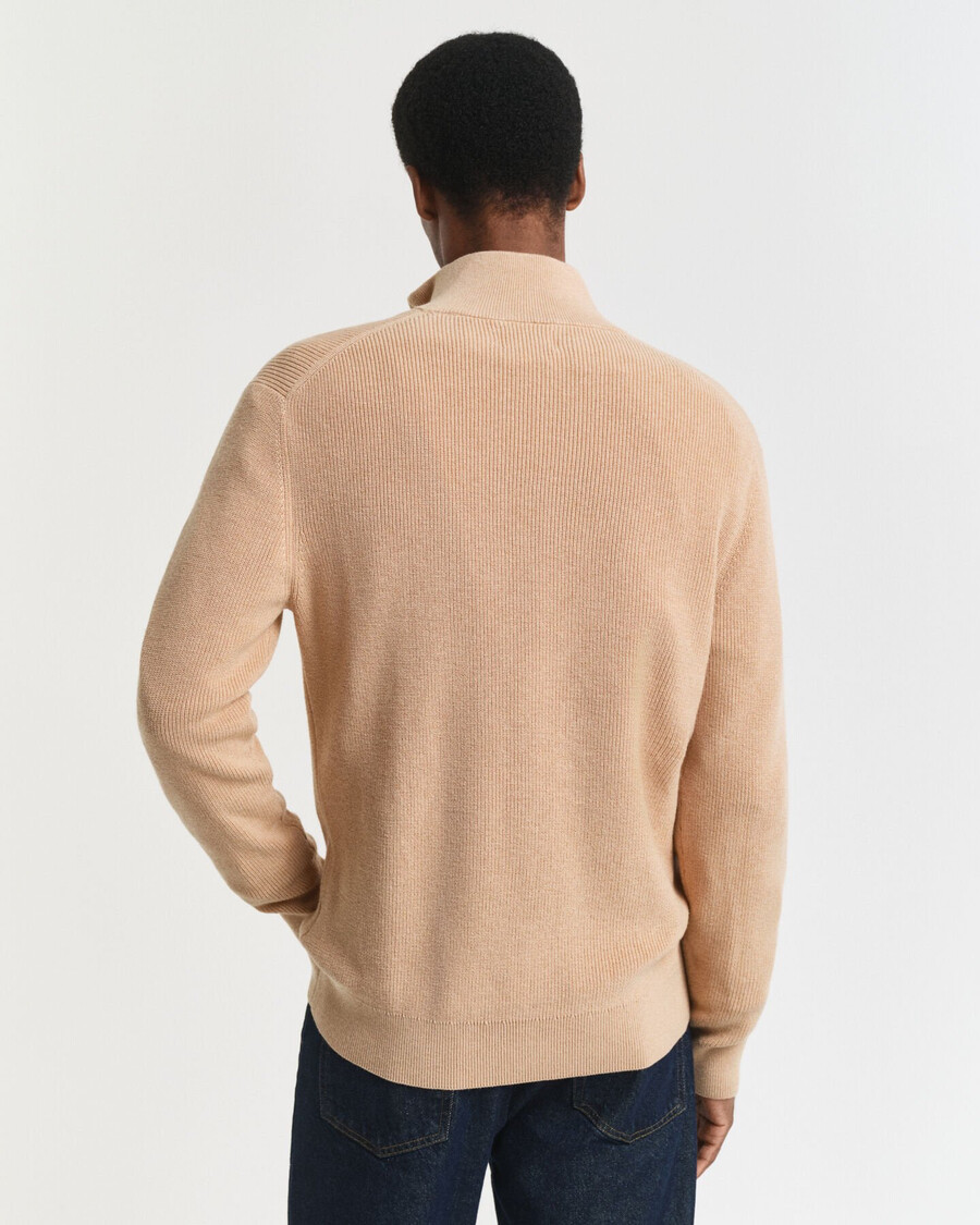 gerippter pullover mit halbem reißverschluss aus baumwoll-merinowolle – khaki-melange