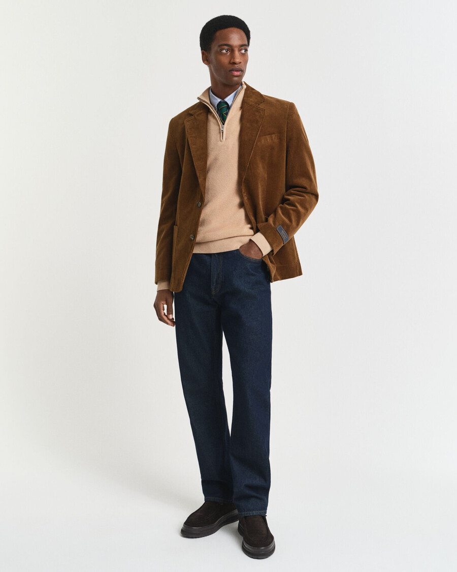 gerippter pullover mit halbem reißverschluss aus baumwoll-merinowolle – khaki-melange