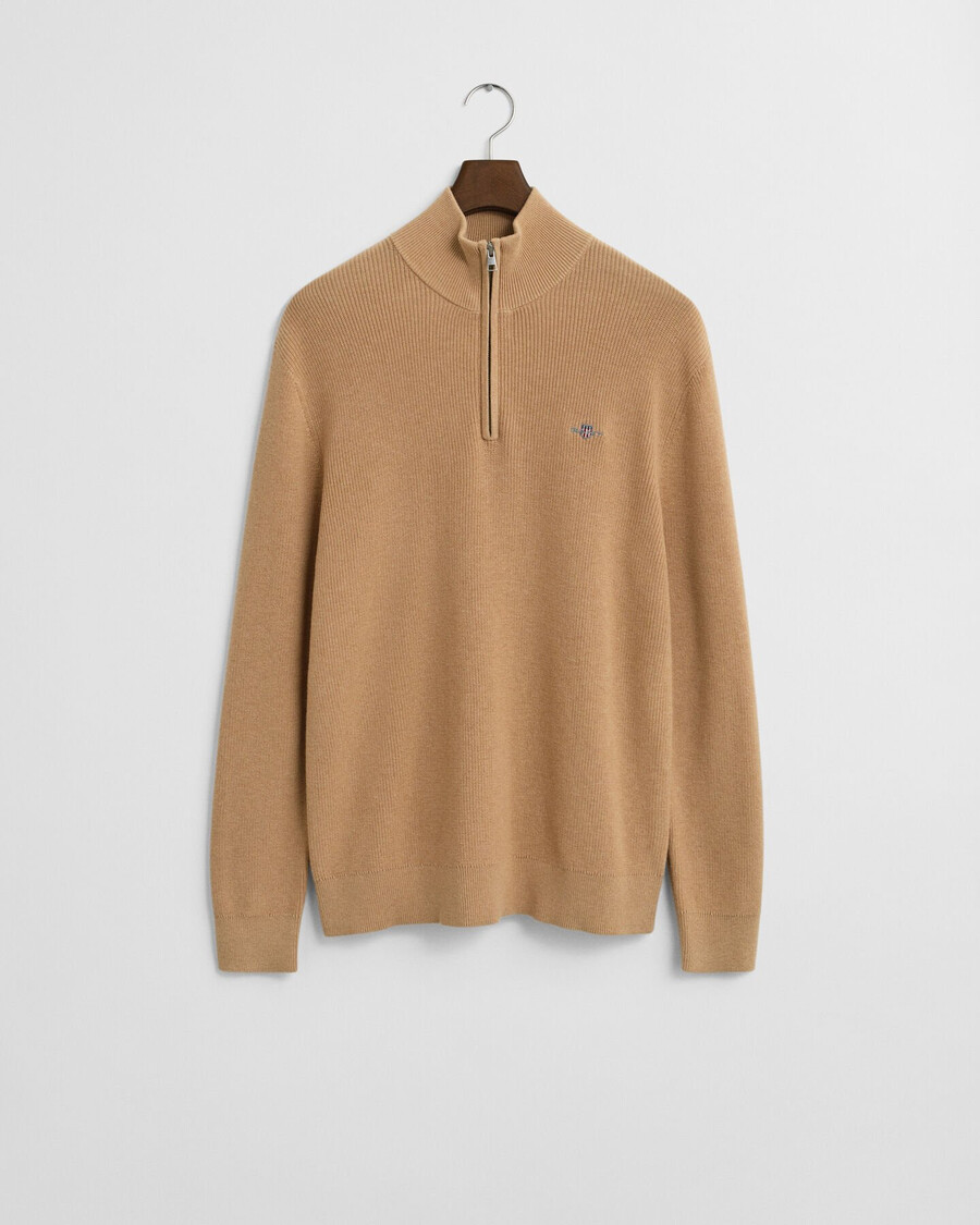 gerippter pullover mit halbem reißverschluss aus baumwoll-merinowolle – khaki-melange
