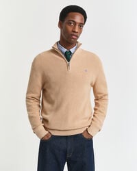 gerippter pullover mit halbem reißverschluss aus baumwoll-merinowolle – khaki-melange