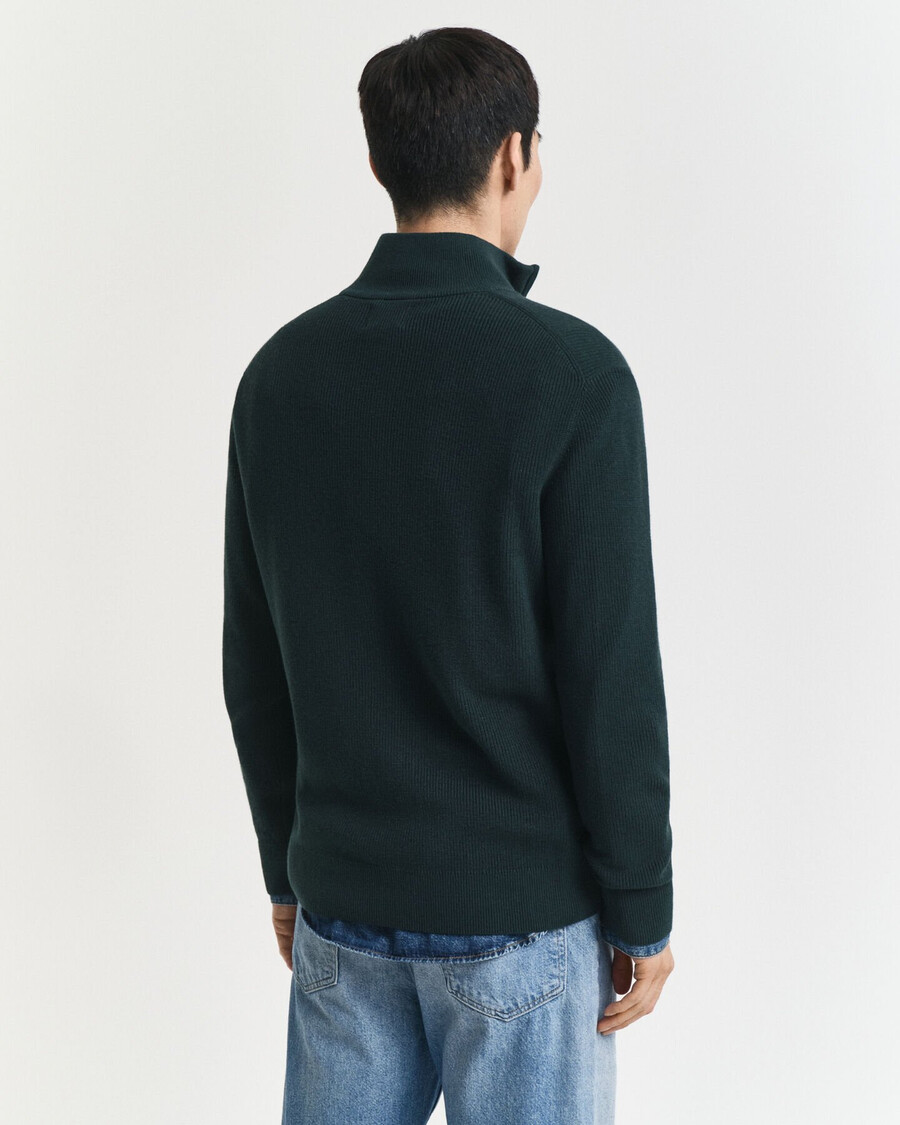 gerippter pullover mit halbem reißverschluss aus baumwoll-merinowolle – tartangrün
