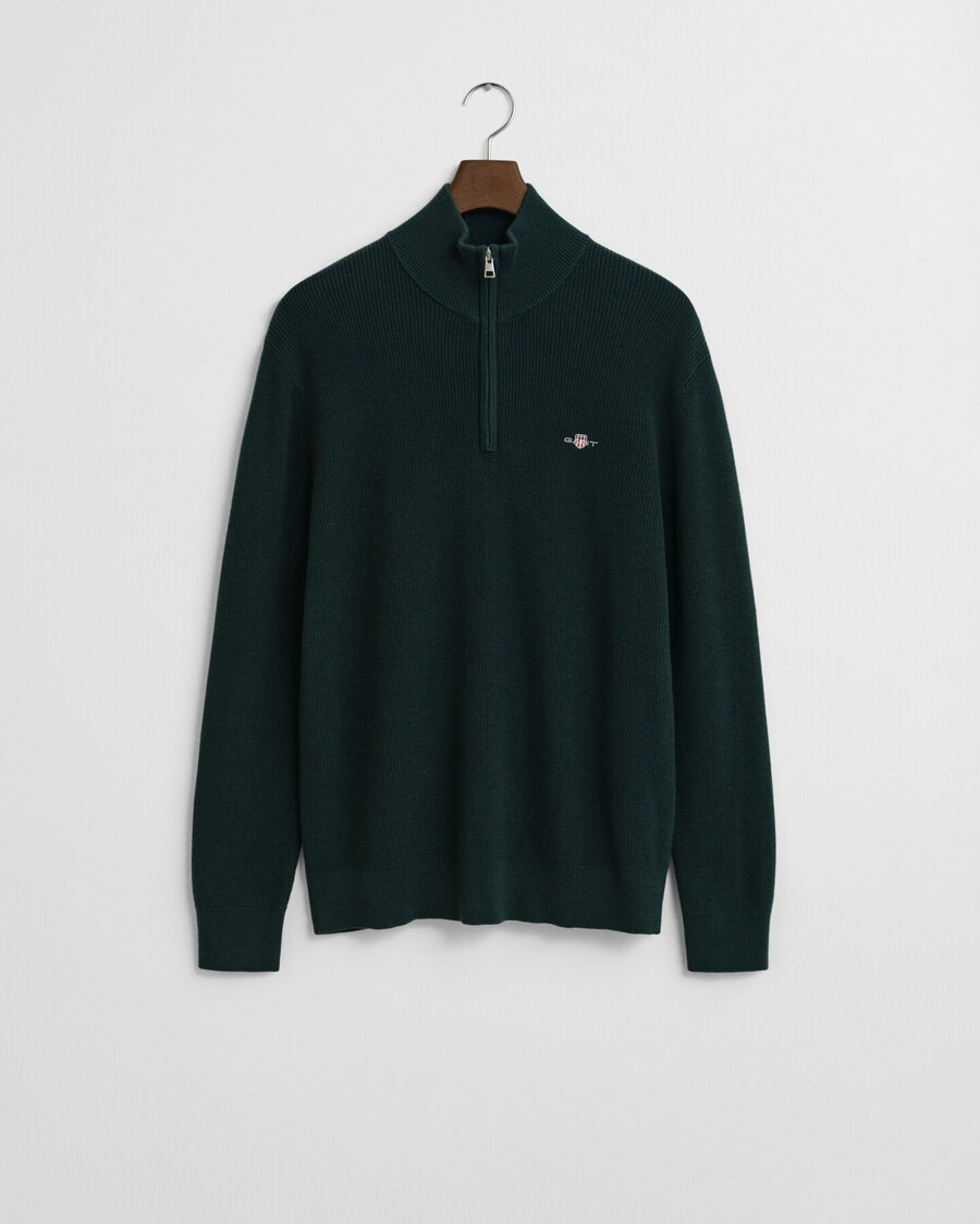 gerippter pullover mit halbem reißverschluss aus baumwoll-merinowolle – tartangrün
