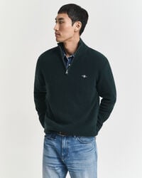 gerippter pullover mit halbem reißverschluss aus baumwoll-merinowolle – tartangrün
