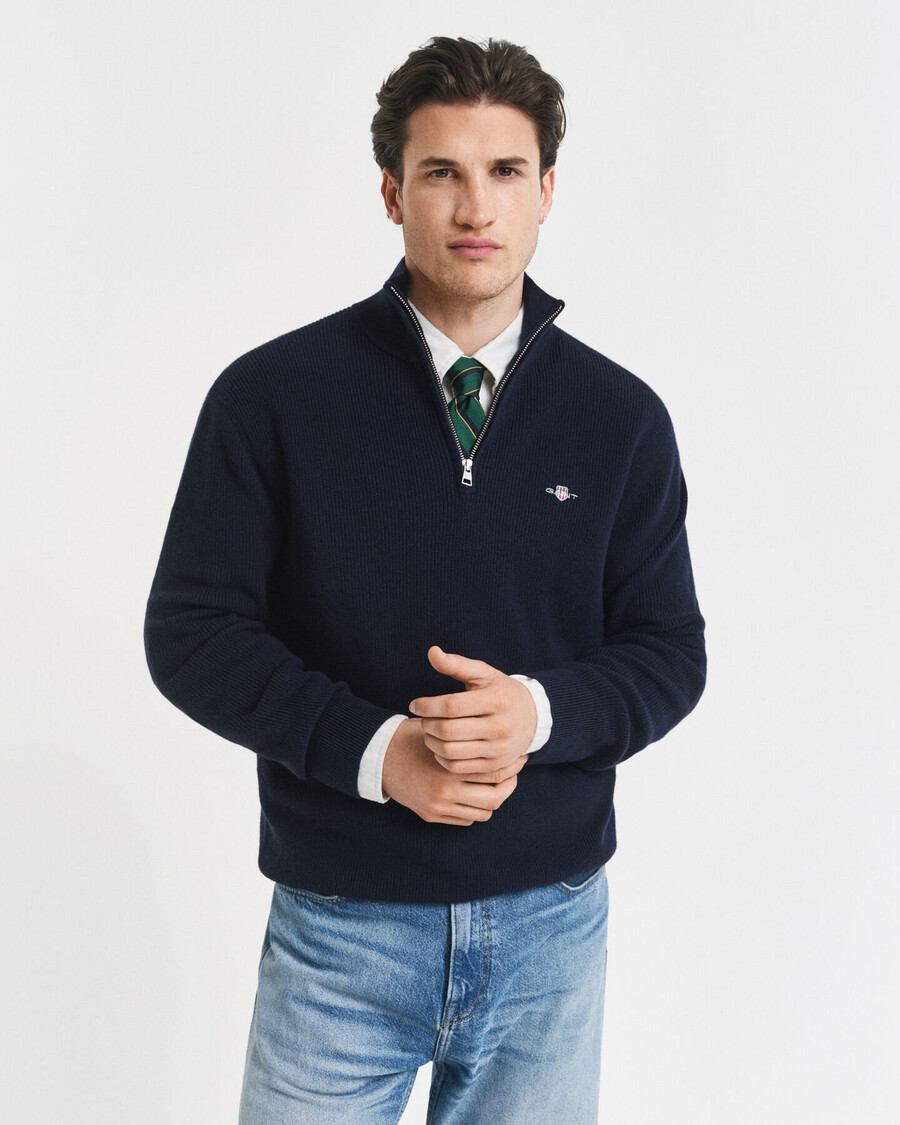 gerippter pullover mit halbem reißverschluss aus baumwoll-merinowolle – abendblau