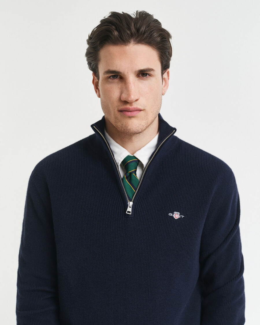 gerippter pullover mit halbem reißverschluss aus baumwoll-merinowolle – abendblau