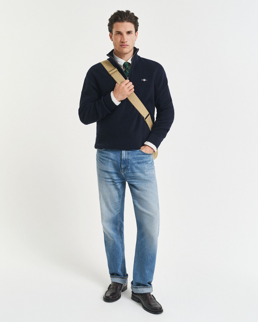 gerippter pullover mit halbem reißverschluss aus baumwoll-merinowolle – abendblau