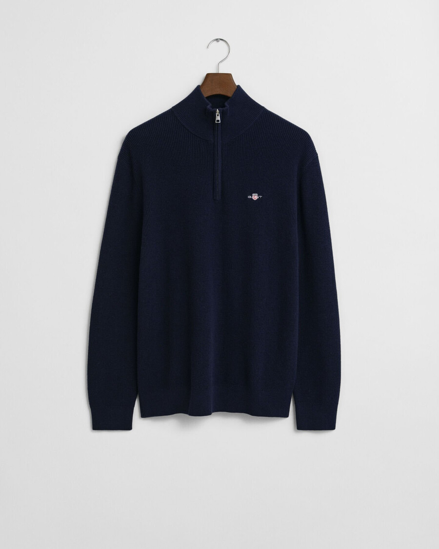 gerippter pullover mit halbem reißverschluss aus baumwoll-merinowolle – abendblau
