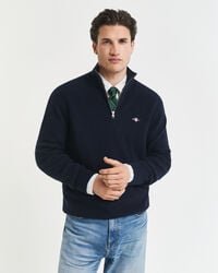 gerippter pullover mit halbem reißverschluss aus baumwoll-merinowolle – abendblau