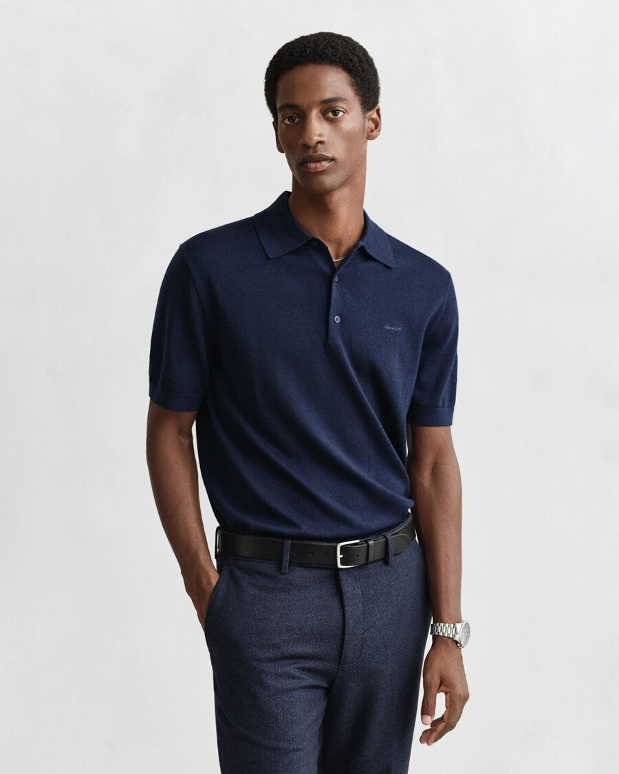 polo-pullover aus extrafeiner merinowolle mit kurzen Ärmeln – marineblau