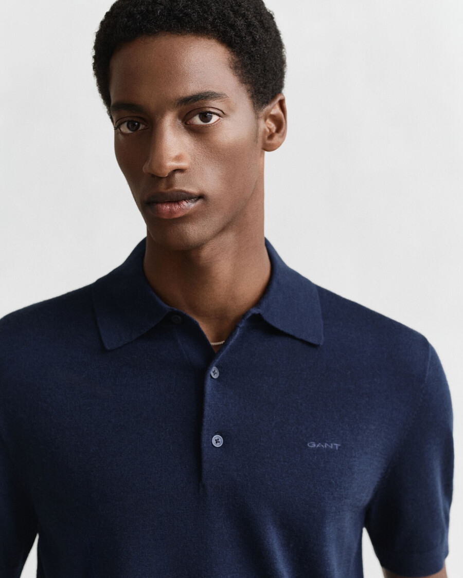 polo-pullover aus extrafeiner merinowolle mit kurzen Ärmeln – marineblau