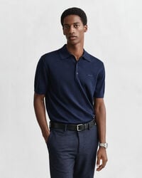 polo-pullover aus extrafeiner merinowolle mit kurzen Ärmeln – marineblau