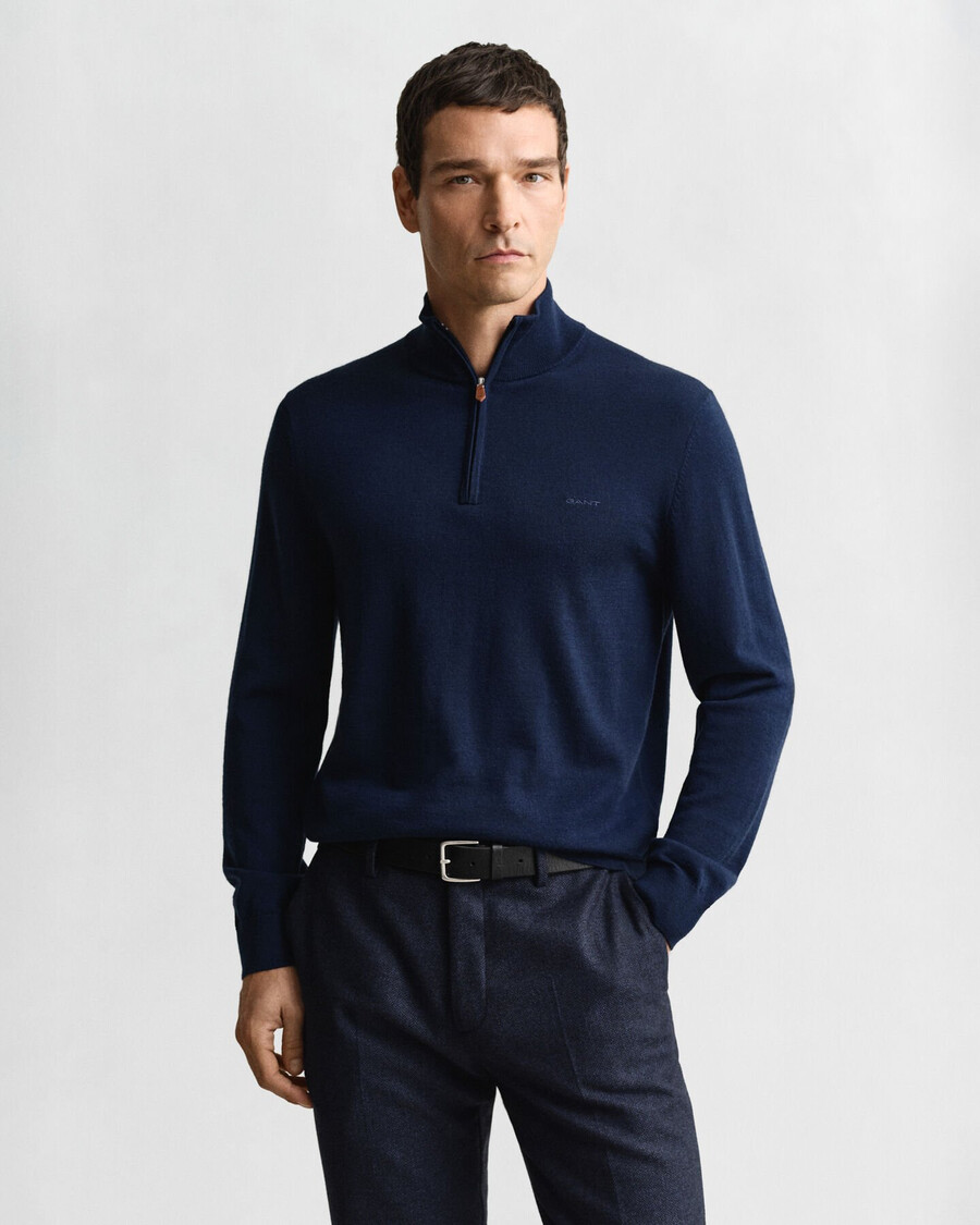 extrafeiner merinowollpullover mit halbem reißverschluss – marineblau