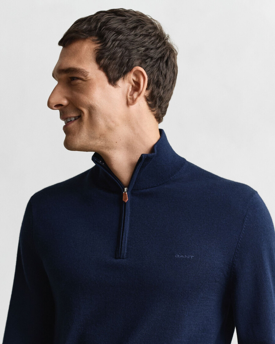 extrafeiner merinowollpullover mit halbem reißverschluss – marineblau