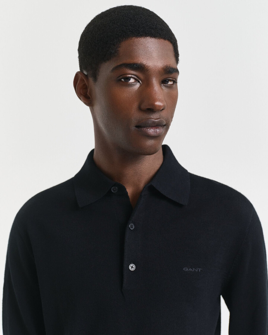 polo-pullover aus extrafeiner merinowolle – schwarz