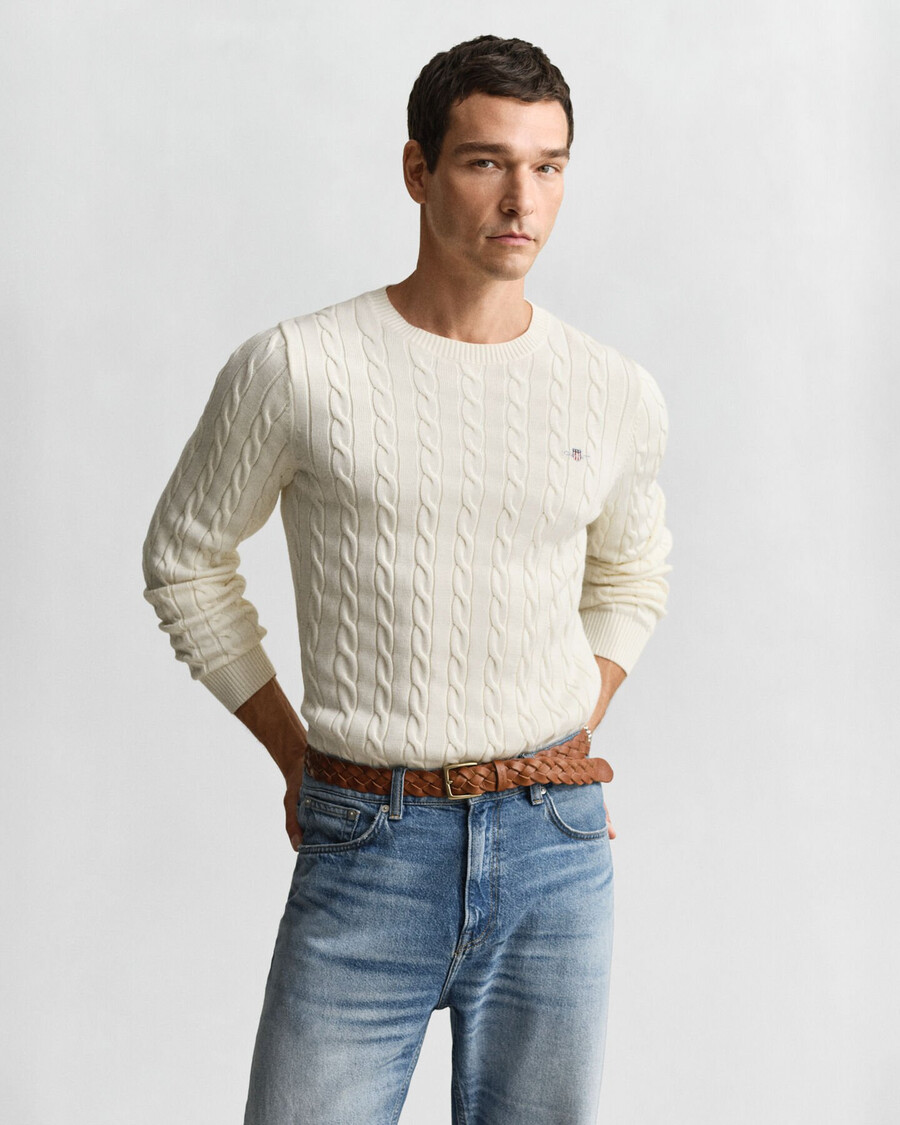 baumwollpullover mit zopfmuster und rundhalsausschnitt – creme