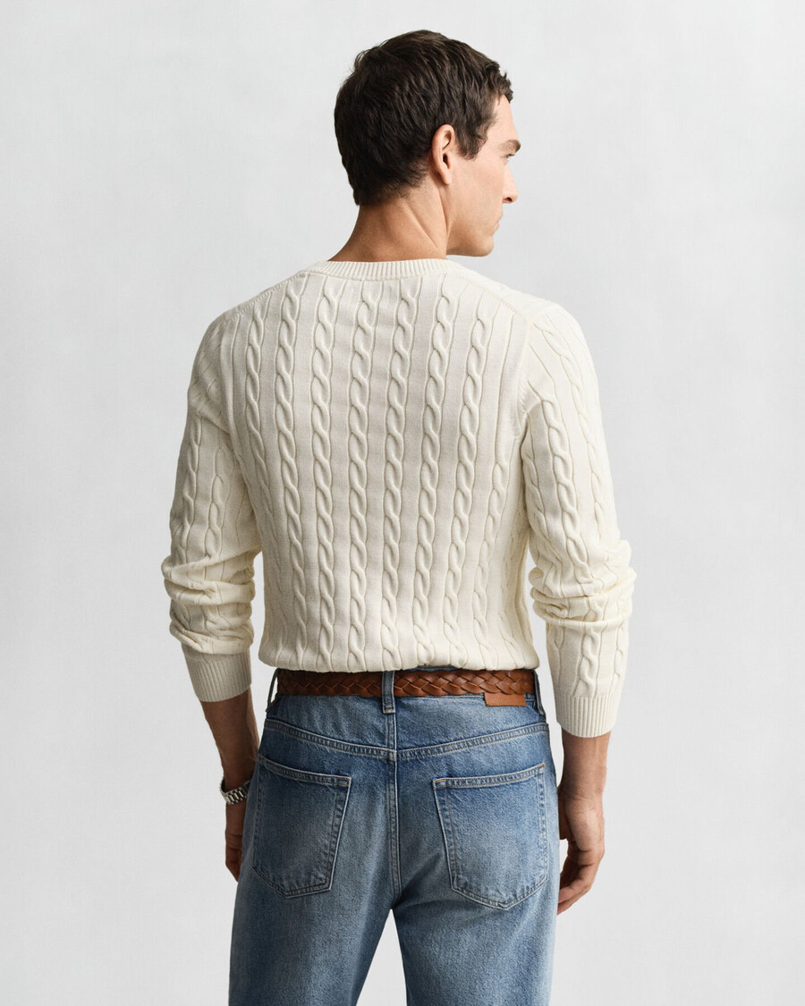 baumwollpullover mit zopfmuster und rundhalsausschnitt – creme