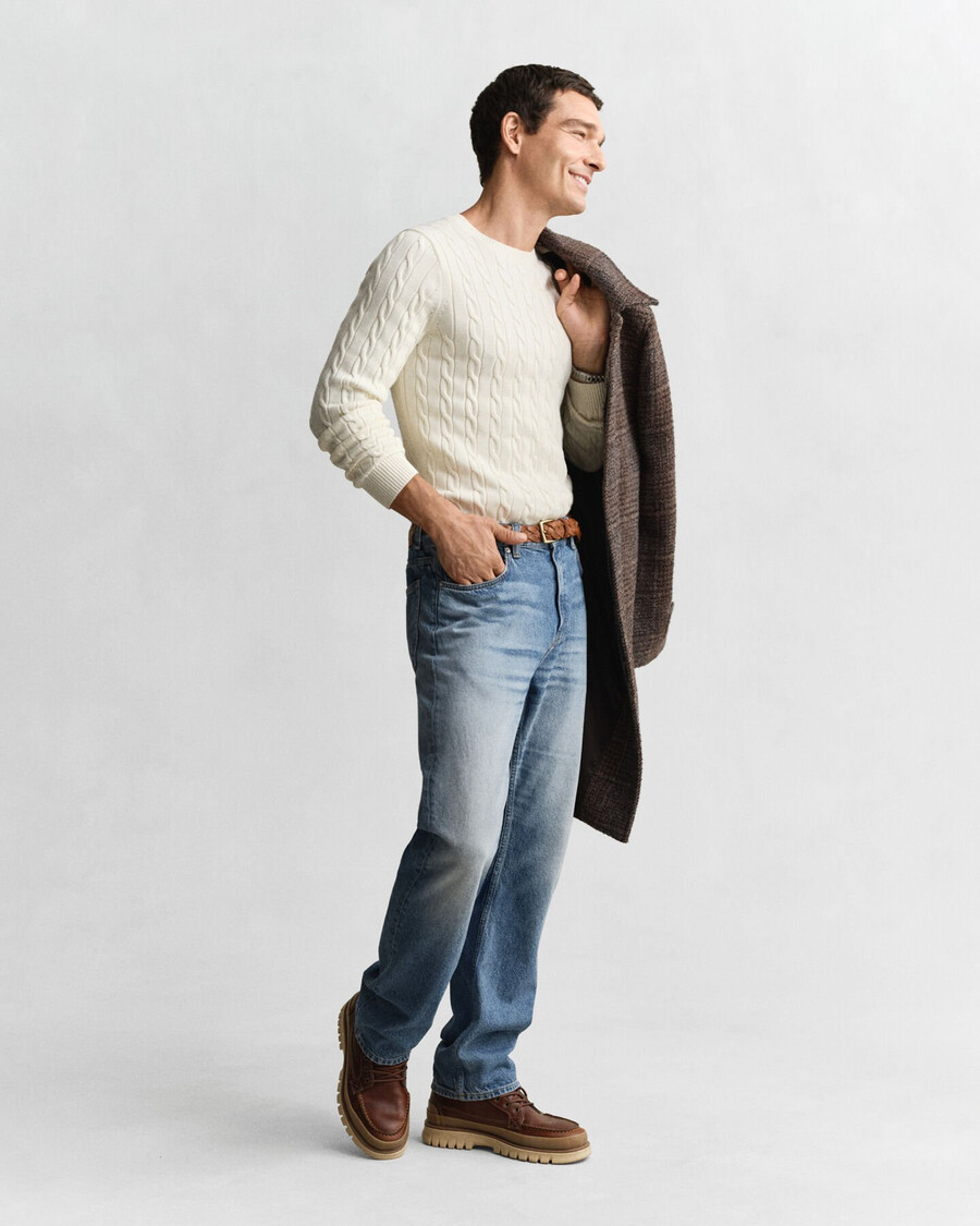 baumwollpullover mit zopfmuster und rundhalsausschnitt – creme