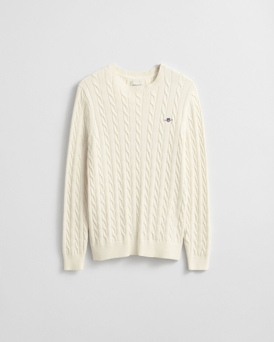 baumwollpullover mit zopfmuster und rundhalsausschnitt – creme
