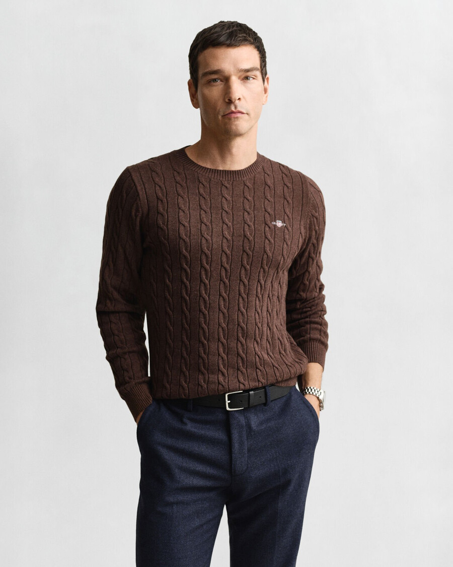 baumwoll-zopfstrickpullover mit rundhalsausschnitt – braunmeliert